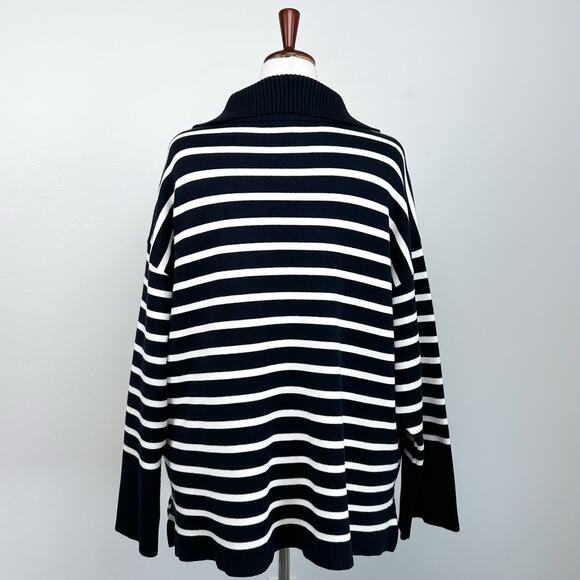 Elie Tahari Navy Stripe Zip Mock Neck Pullover Sweater - Picture 4 of 8
